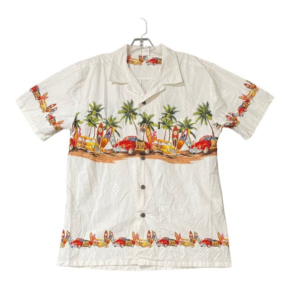 Palm Wave Men's Hawaiian Shirt Aloha Shirt Off White Vintage Cars Size L - Picture 1 of 3
